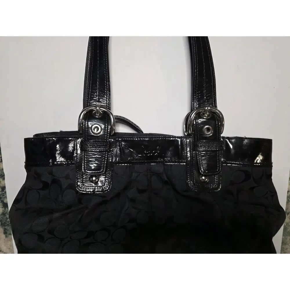 Coach Black Signature C Jacquard Patent Leather Shoulder Bag F13742